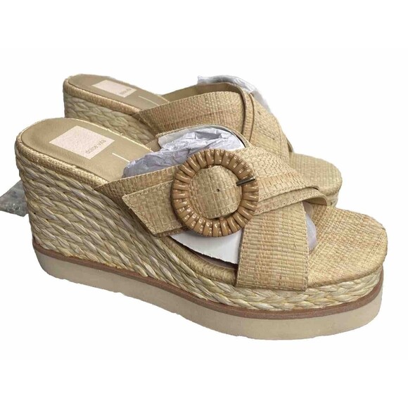 DOLCE VITA SANDALS LAURYN RAFFIA WEDGE SIZE US 7.5 NWOB Beach, school girl core - Picture 1 of 7